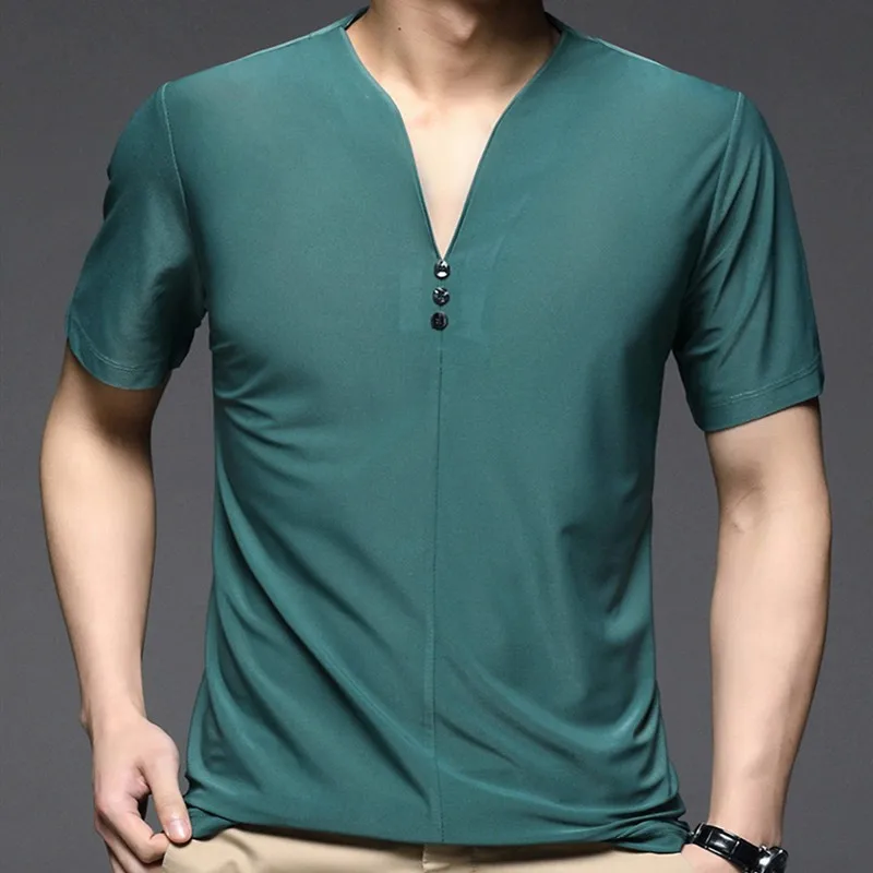 Blackish Green Summer T Shirts Mens Deep V-neck Sexy Silk Mens Clothing Large Sizes Fashionable Comfortable Loose Blouse White