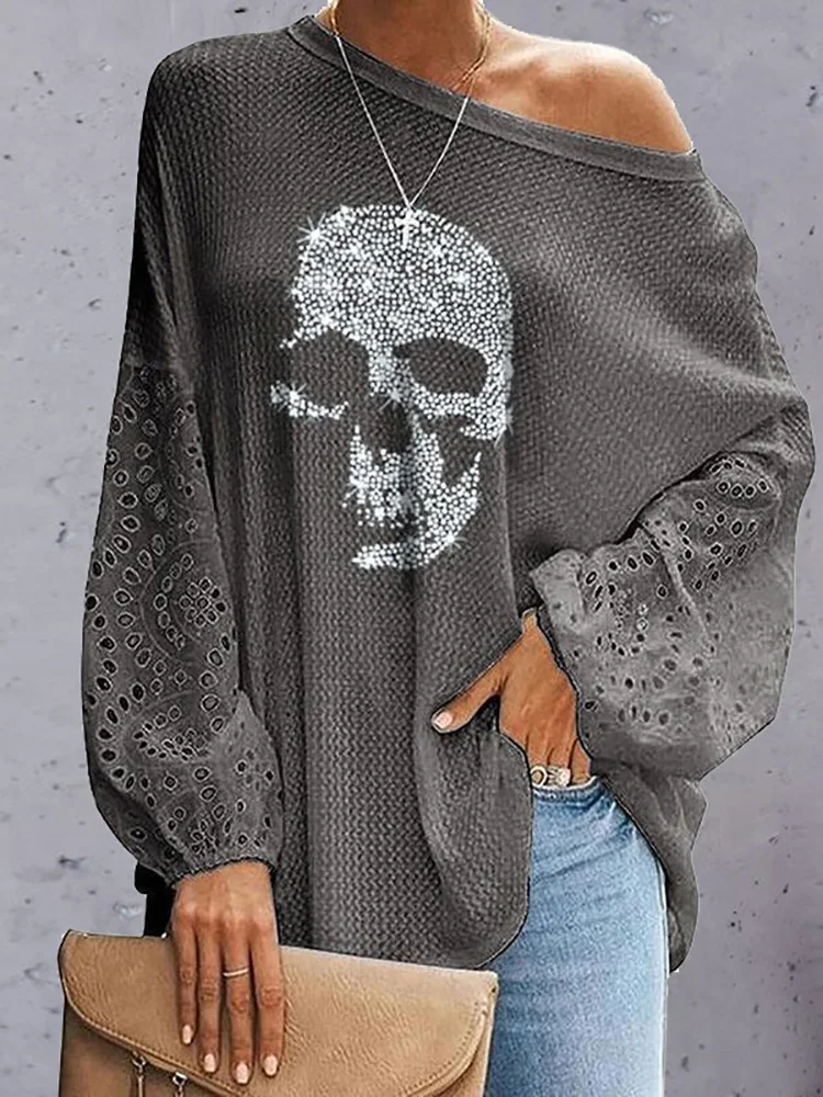 Women Sexy Skew Collar Casual Blouse Elegant Femme Skull Print Office Shirt Blusa Spring Autumn Hollow Batwing Sleeve Tops