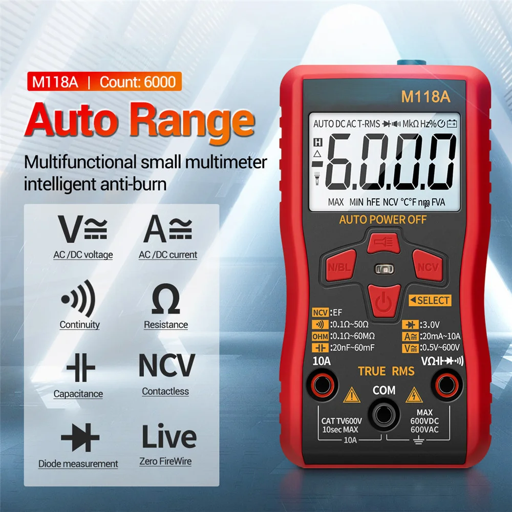 M118A Auto Mmultimetro True Rms Tranistor Meter Smart Tester Mini Digital Multimeter Flashlight with NCV Data Hold