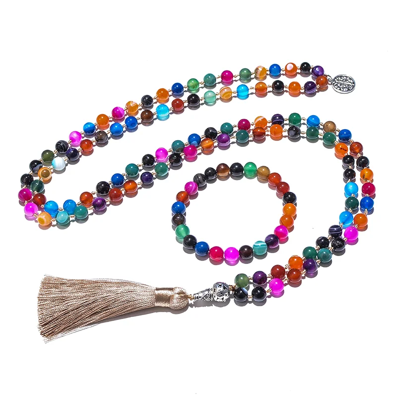 8mm Colored Striped Agate Bead Knot 108 Mala Necklace Meditation Yoga Prayer Jewelry for Men and Women