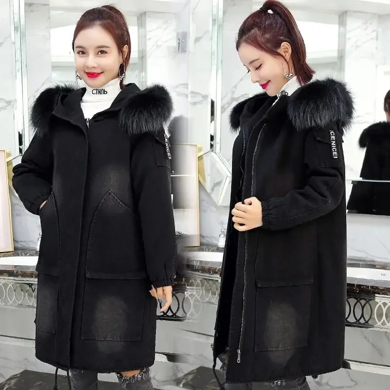 2025 New Thick Velvet Hooded Denim Jacket Women Mid-Length Thick Winter Jacket Korean Loose Warm Cotton Coat Students Overcoat