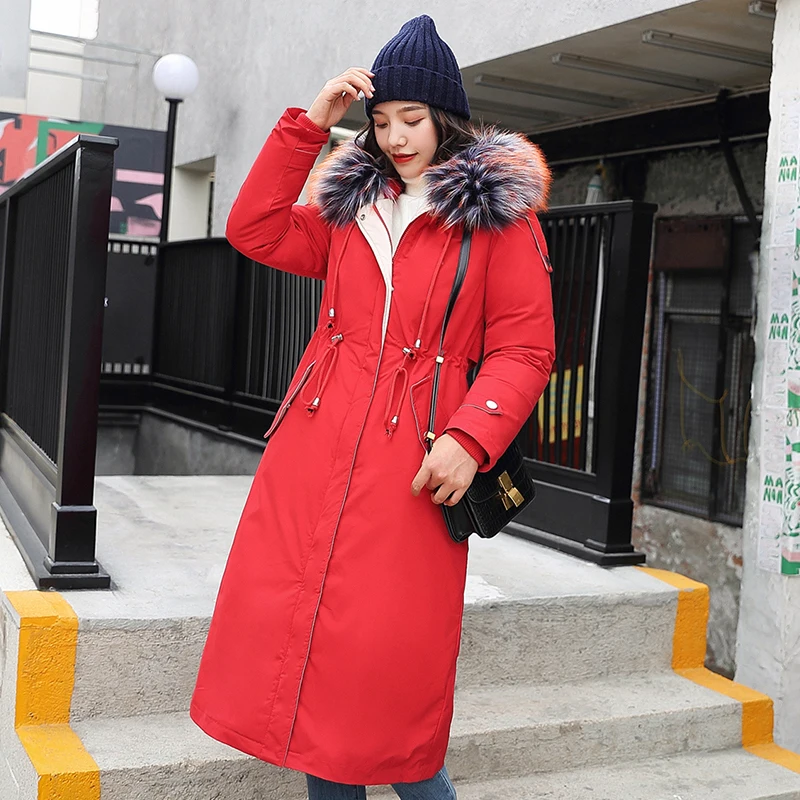 

Plus Size Women Winter Long Jacket Wool Liner Korean Style Slim Female Cold Coat Solid Hooded with Fur Collar Women's Parkas