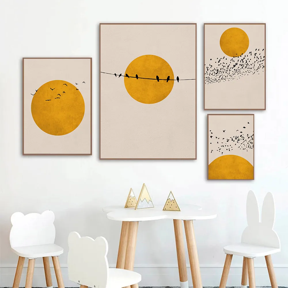 

Flock Of Birds Print Poster Abstract Sun Tree Landscape Wall Art Canvas Painting Yellow Black Wall Pictures Living Room Decor