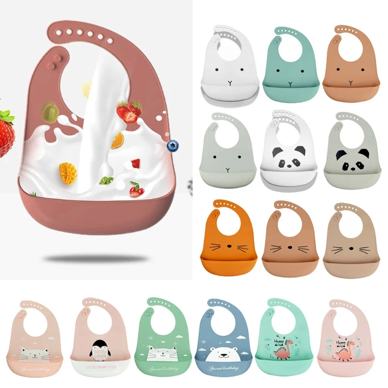 Cartoon Soft Silicone Baby Bibs Waterproof Adjustable Toddler Girls Boys Feeding Food Catcher Roll up Pocket Baby Feeding Apron