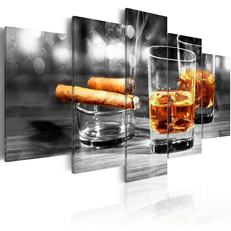 

No Framed Canvas 5Pcs Cigar Whiskey Cocktail Fall Art Posters Pictures Home Decor Paintings Decorations