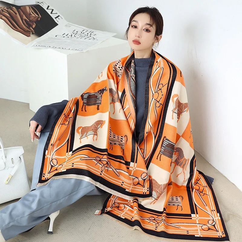 Luxury Design Reversible Print Horse Scarf Wrap Female Cashmere Blend Pashmina Shawls Tassel Bufanda Thick Blanket Big Size Chal