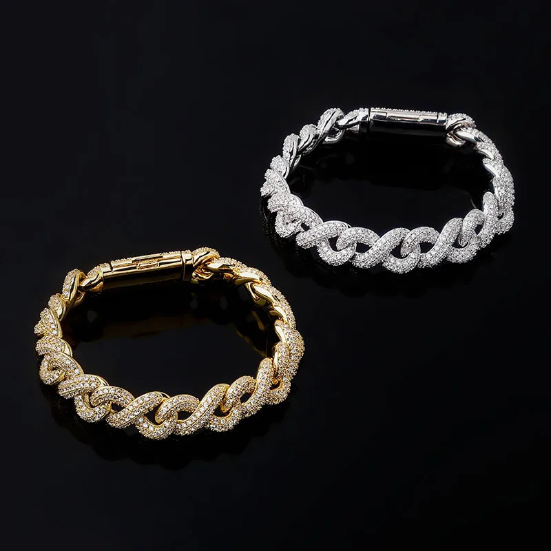Hip Hop Prong Setting AAA CZ Stone Bling Iced Out Solid Infinity Cuban Link Chain Bangles Bracelets for Men Rapper Jewelry