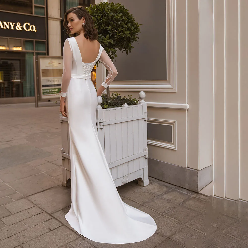 Łódź długie rękawy satynowa minimalistyczna suknia ślubna Backless Ivory Custom Made Plus rozmiar syrenka prosta suknia ślubna Bateau