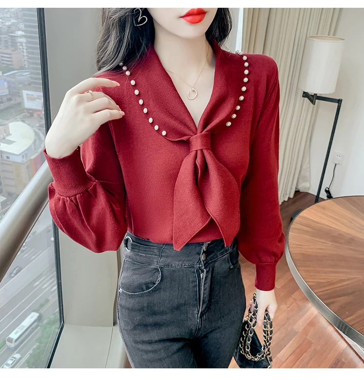 Trui Vrouwen Kralen Bow Tie Ronde Hals 2021 Winter Nieuwe Koreaanse Stijl Slim Dieptepunt Shirt Mode Pure Kleur Gebreide Top femme