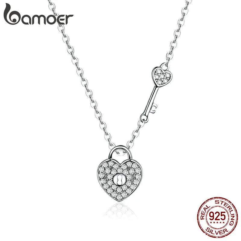 Bamoer New Arrival Luxury 925 Sterling Silver Love Heart Lock & Key Pendant Necklace for Women Wedding Fine Jewelry SCN315