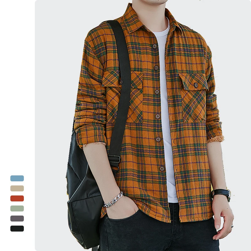 

T907 Autumn Winter Men Plaid Shirt Classical Japan Style Gentlemen Youth Boyfriend Pocket Long Sleeve Thicken Lamb Fleece Tops