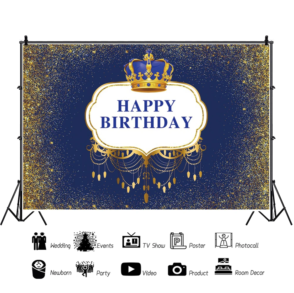 มงกุฎน้ำเงินพื้นหลัง Photophone Boy Baby Shower Birthday Party Gold Polka Dot การถ่ายภาพฉากหลังสำหรับ Photo Studio