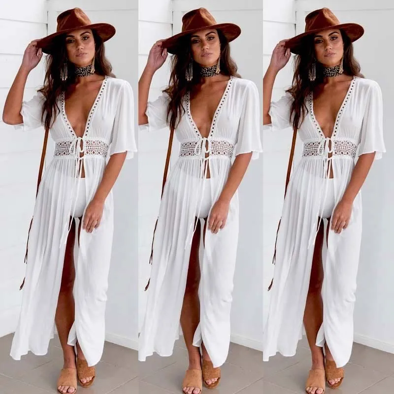 Beach Long Maxi Dress Women Beach Cover Up Bikini Tunic Pareo White V Neck Dress Robe Swimwear Bathing Suit Beachwear