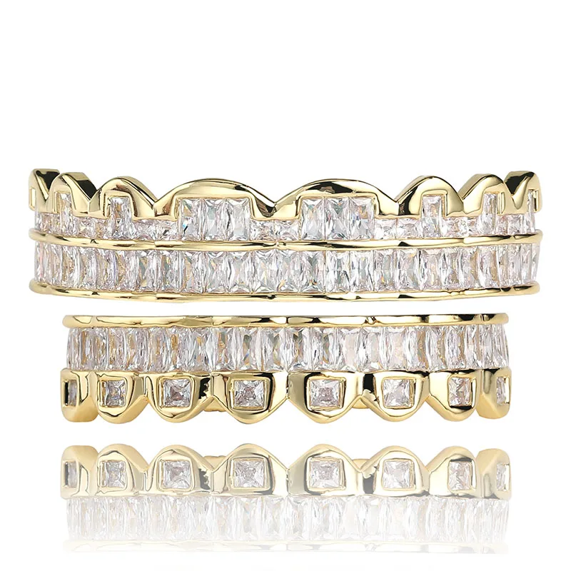 JINAO New Plated HIP HOP Teeth Grillz Top & Bottom Grills Set With silicone Real Shiny  Grill Sets Bling AAA Cubic Zircon