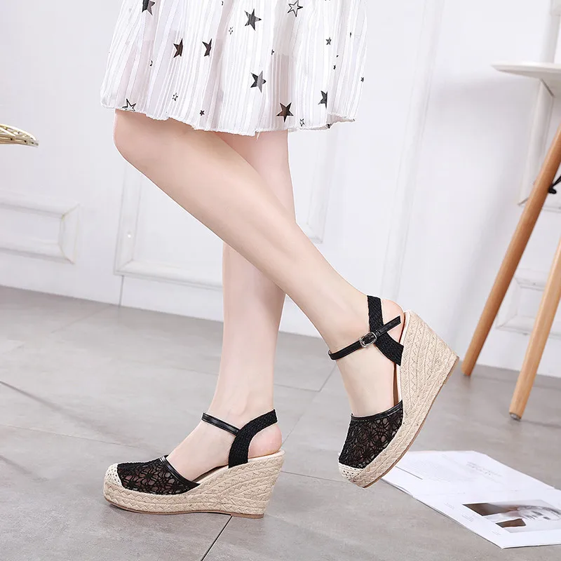 2021 New Buckle Strap Espadrille High Heels Bohemia Lace Wedding Shoes Ladies Sandals Summer Platform Wedge Sandals Women Shoes