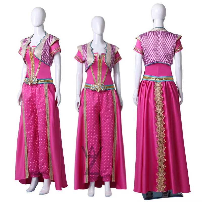 2019 Movie Aladdin Film Cosplay Jasmine Princess Dress Costume Fancy Rose Red Skirt Top Vest and Pants Full Set Women Halloween