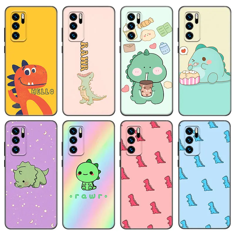 Cute Dinosaur Baby Case For Huawei P50 P40 P30 P20 Pro P10 P9 P8 Lite 2017 P Smart Z S 2021 2020 Pro 2019 2018 Black Cover