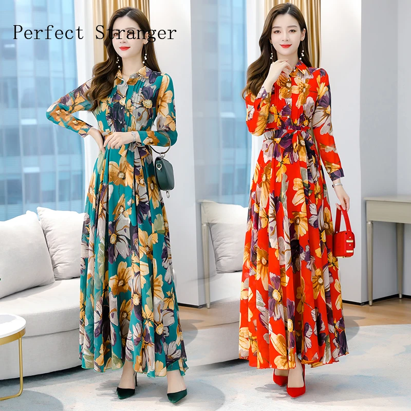 2021 Autumn New Arrival High Quality Elegant Turn Down Collar Long Sleeve Printed  Women Chiffon Long Dress