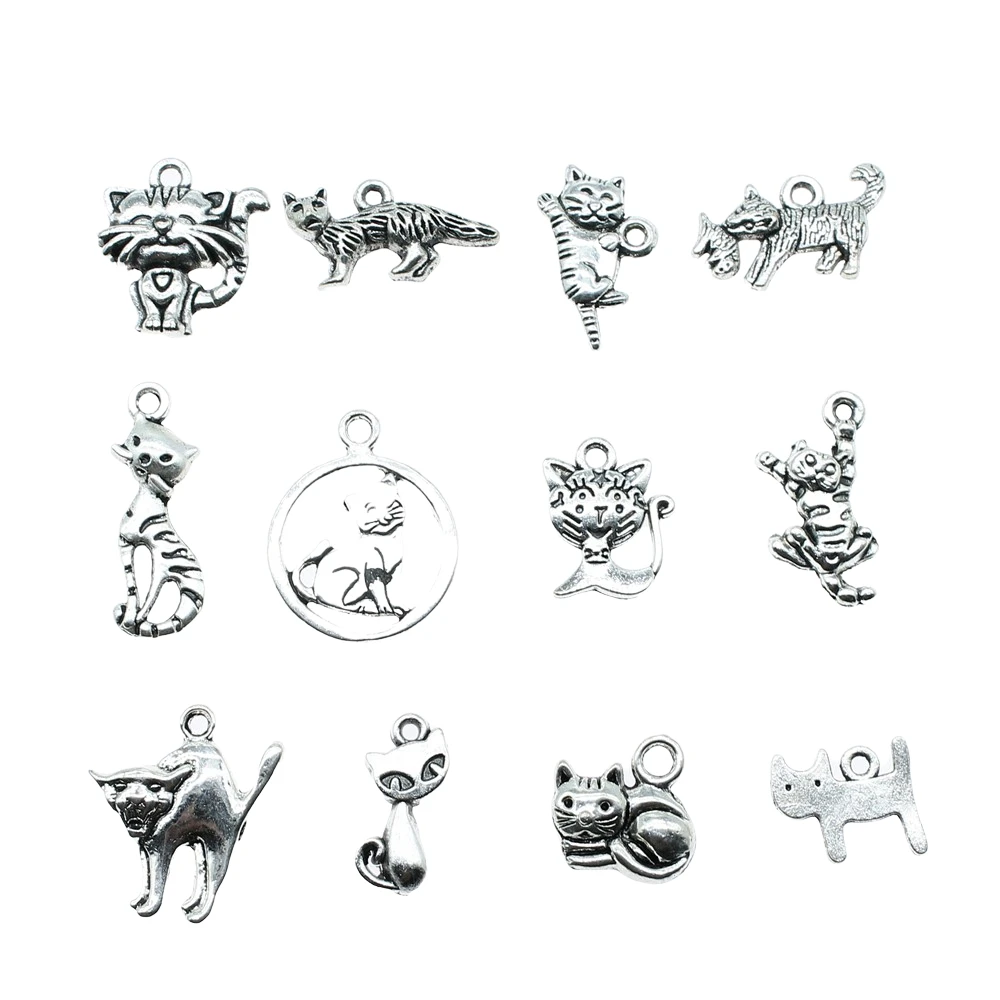 20pcs Cat Pendant Charms Antique Silver Color Small Cat Charms Jewelry DIY Cat Charms For Bracelet Making