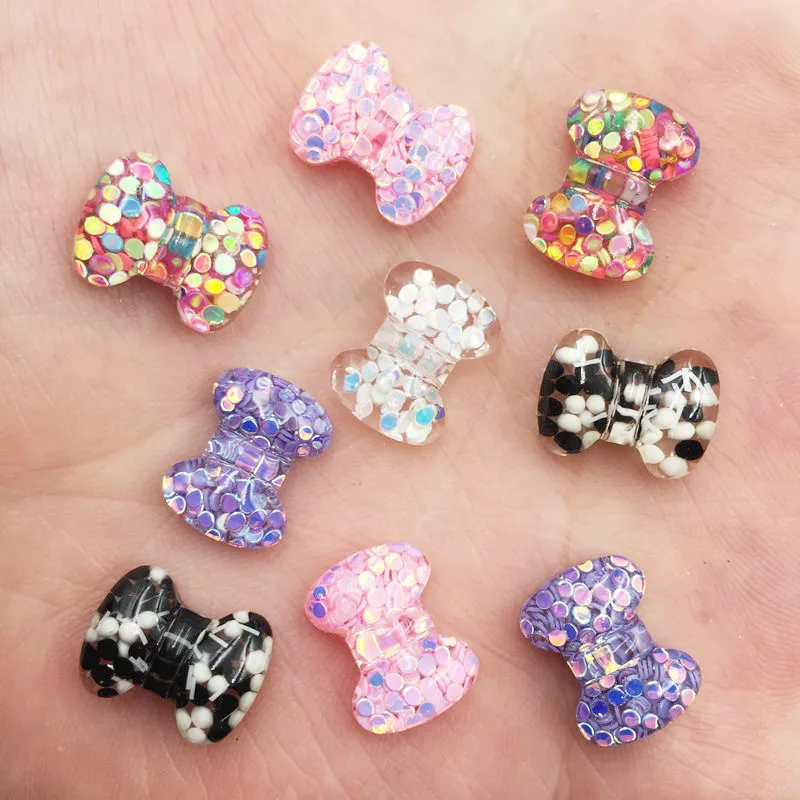 50Pcs Mix Resin Colorful Glitter Paillette Filled Mini Bow Flatback Cabochon Rhinestone Scrapbook DIY Wedding Applique Ornament