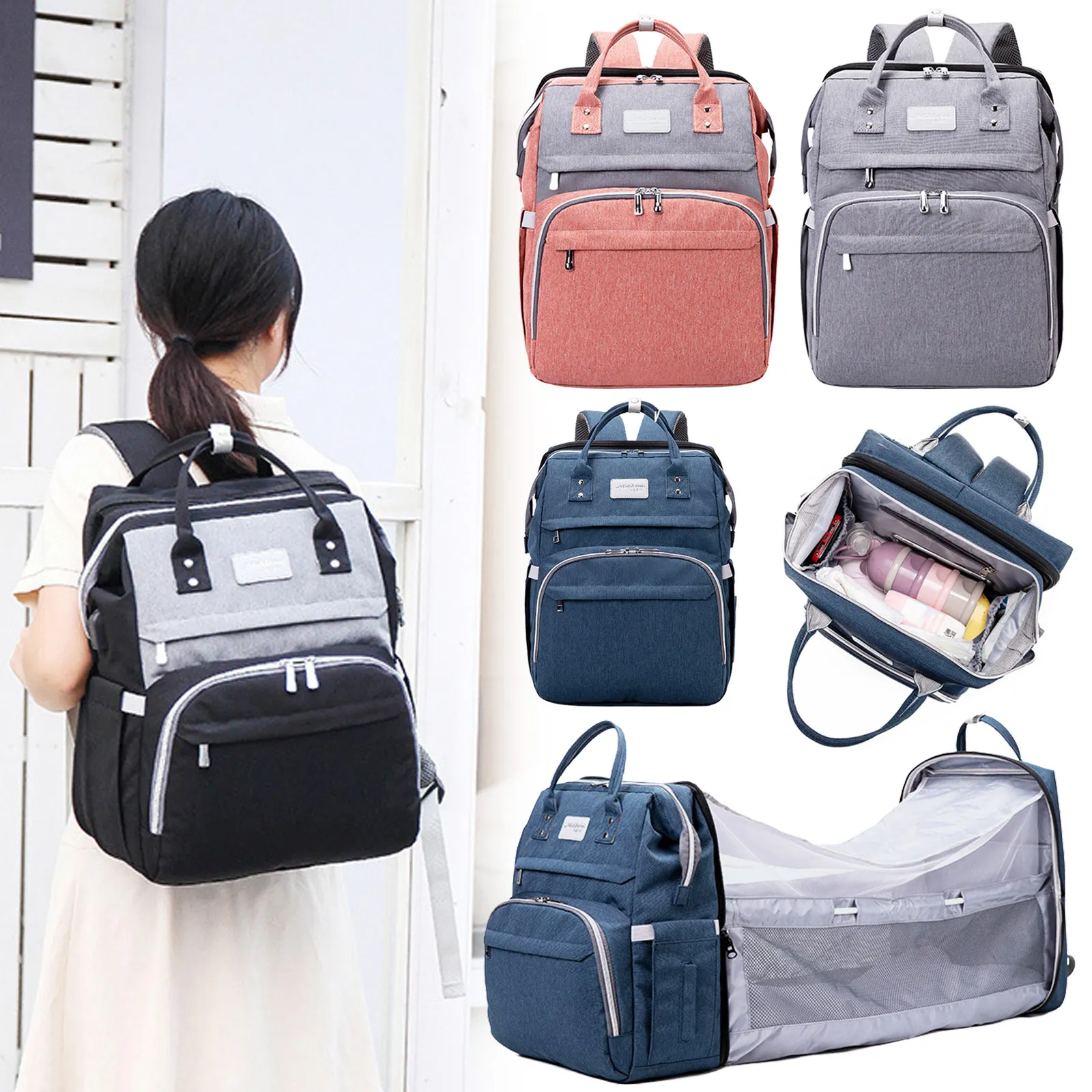 Multifunction Waterproof Mum Backpack Portable Large Capacity Diaper Bag with Changing Baby Bed Crib and Mosquito Net