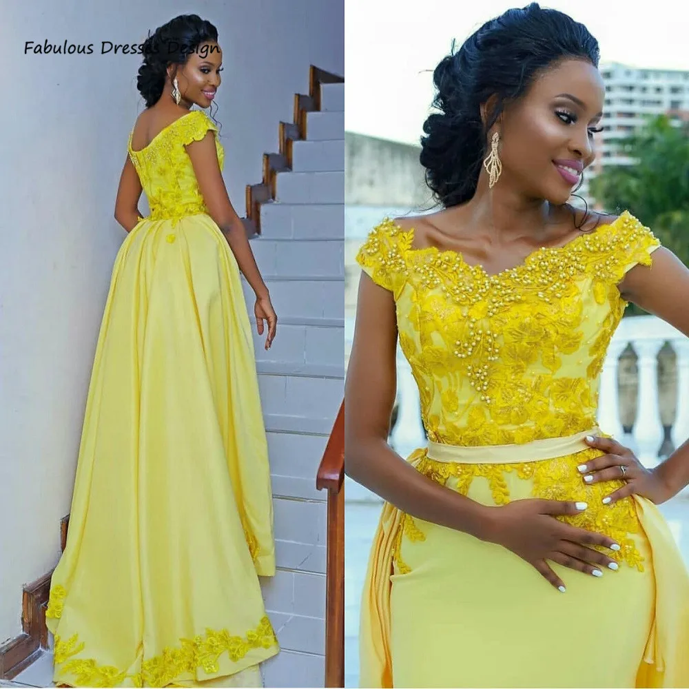 Yellow Off Shoulder Mermaid Bridesmaid Dresses Applique Lace Heavy Beads Detachable Train Long Wedding Party Dress Prom Gown