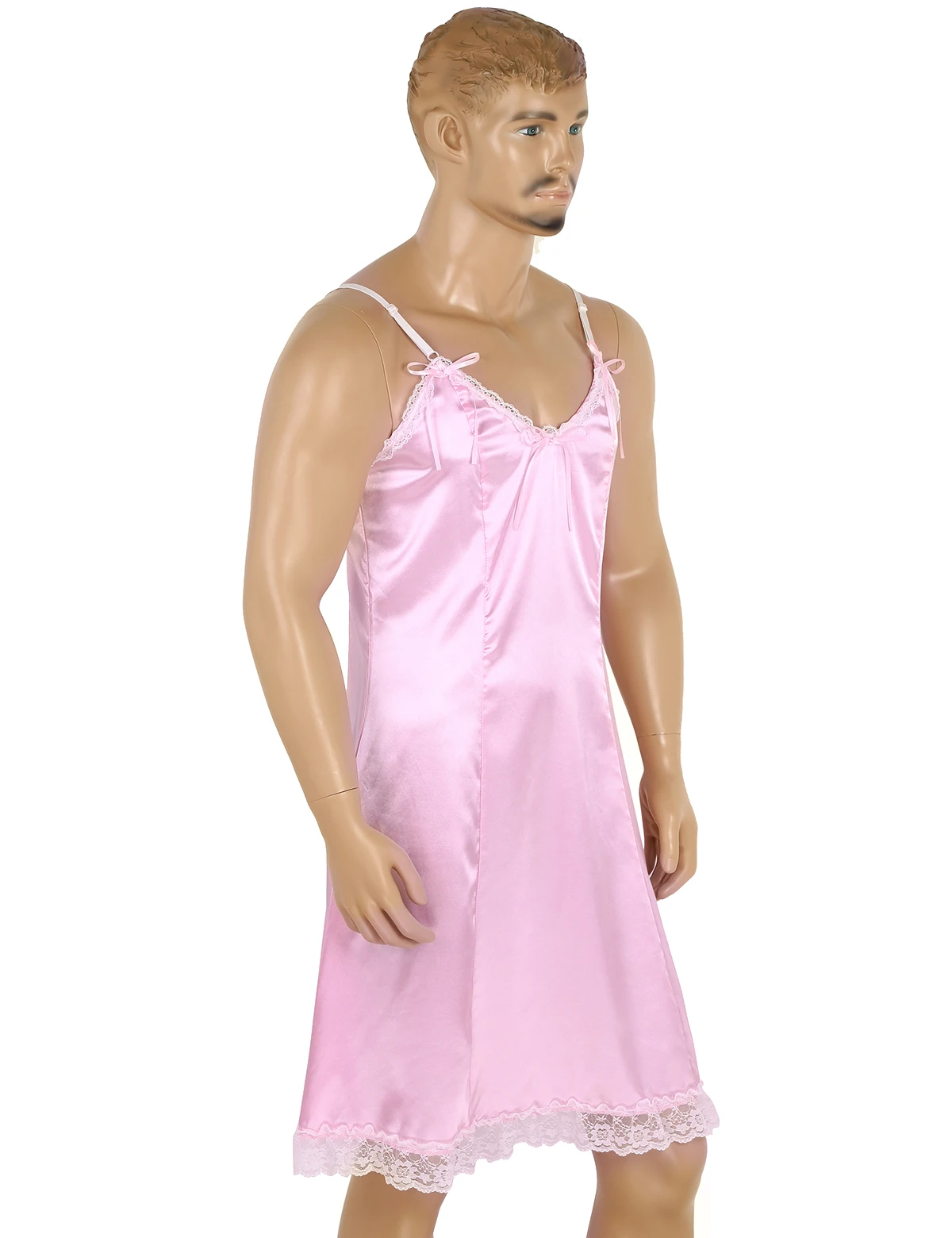 Mens Lingerie Dress Sissy Satin Lace Slip Dress Gay Sexy Pink Costume Pajamas Nightwear Underwear