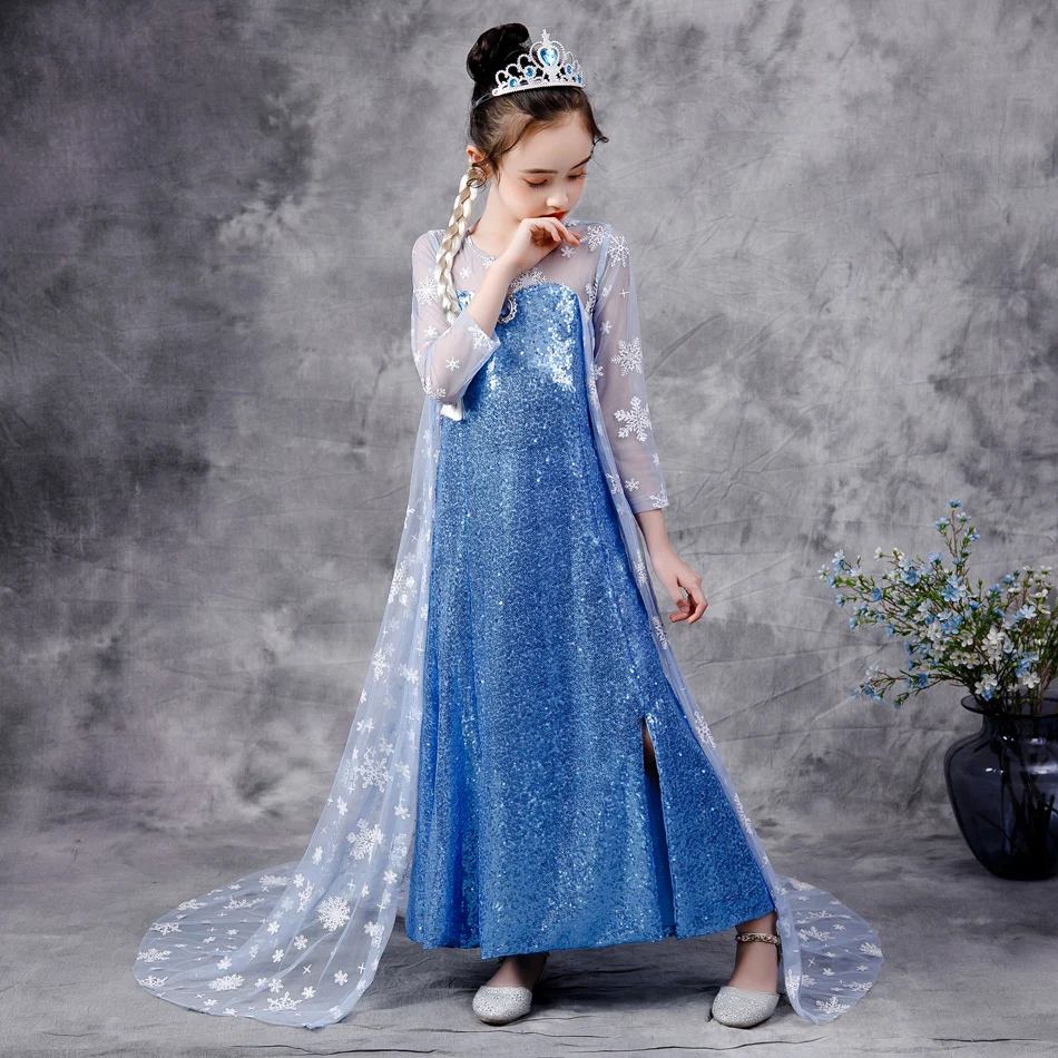 Vestido de lentejuelas de princesa Elsa 2 para niñas, capa con corona de nieve, disfraz de Halloween, ropa para niños, vestidos de fantasía para niños, 2020