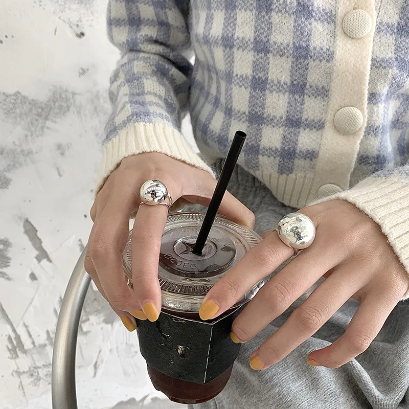 LIVVY Silver Color Large Ball Smooth Rings for Women Vintage Simple Handmade Opening Finger Fashion Jewelry Couple