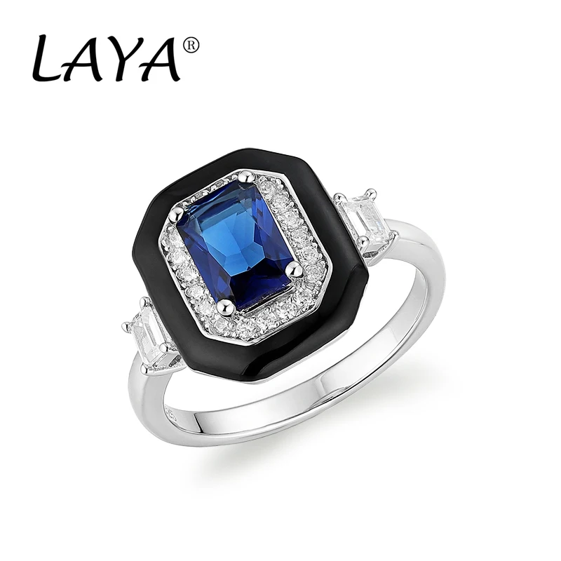 LAYA 925 Sterling Silver Shining Blue Gemstone Black Enamel Square Ring For Women Men Wedding Original Jewelry Handmade Enamel