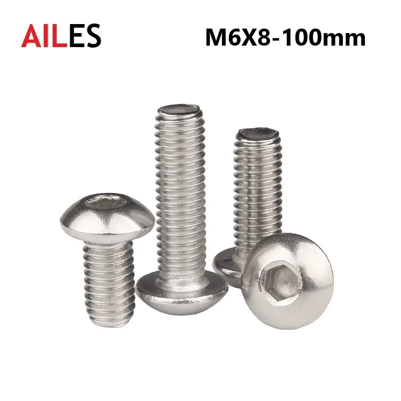 

6mm Hexagon Socket Button Round Head Screws A2-70 304 Stainless Steel M6 X 8 10 50 60 90 95 100mm Allen Bolts