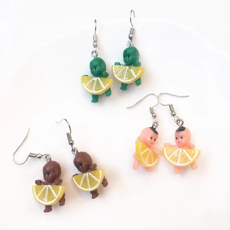 Vintage Cute Colorful Baby Doll Earring for Women Creative Cartoon Lemon Funny Statement Earrings Fashion Jewelry Charms Gifts