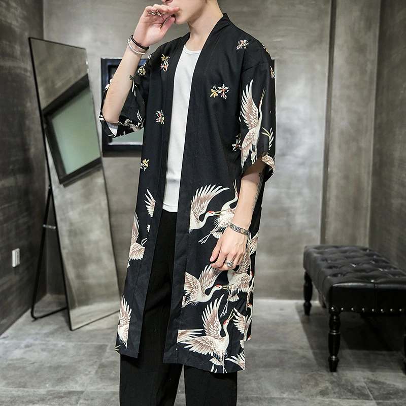 High Quality Yukata Haori Men Japanese Long Kimono Cardigan Samurai Costume Clothing Nightwear Jacket Robe Kimono Yukata Haori