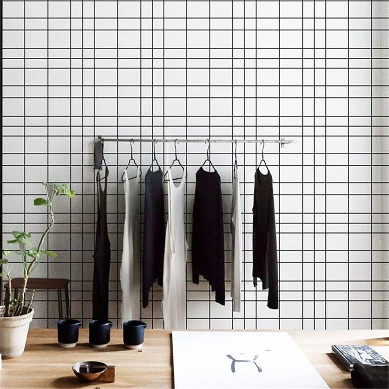 WELLYU Nordic style wallpaper ins white brick clothing store black and white plaid wallpaper tea modern minimalist wallpaper