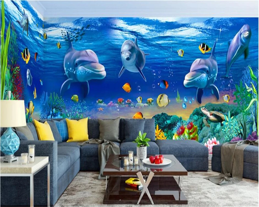 

beibehang Custom 3D fantasy underwater world dolphin theme background wall living room bedroom 3D whole house decoration paintin