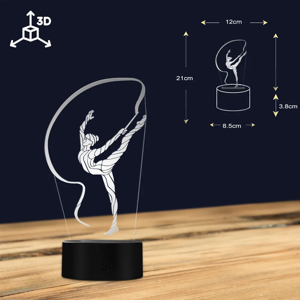 Lámpara de noche de ilusión óptica 3D rítmica para gimnasia, cinta de bailarina, luz LED de noche, lámpara de mesa decorativa