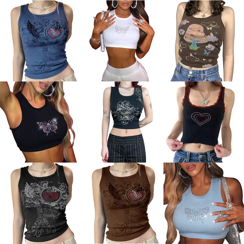 Fashion Sparkly Rhinestone Butterfly Ribbed Tank Tops Women Summer 2022 Sexy Club Tops Harajuku Fairycore Grunge Cropped TShirts