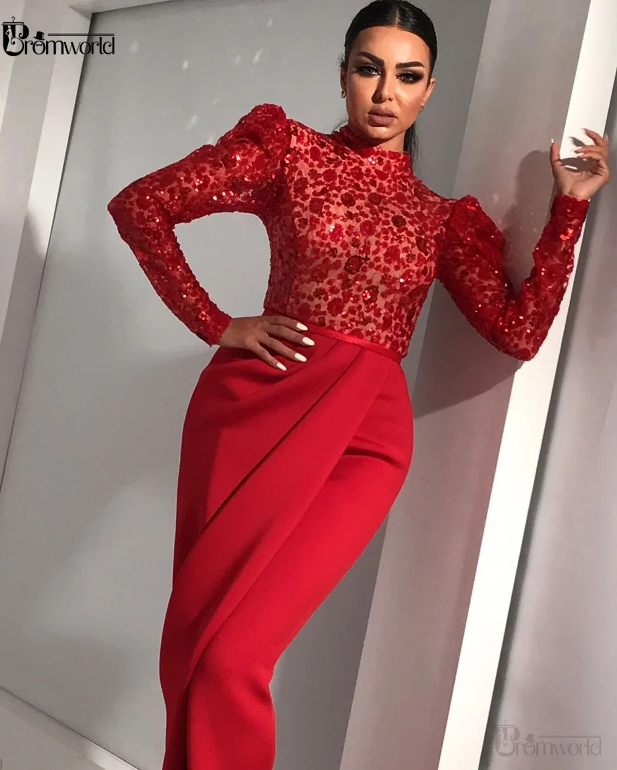 

Long Sleeve Red Mermaid Prom Dresses Long 2022 High Neck Sparkle Satin Elegant Evening Gowns Arabic Women Formal Dress