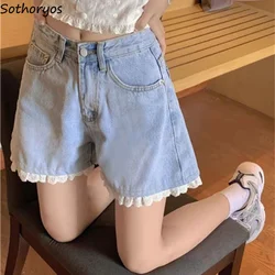 Women Sweet Shorts Lace Patchwork All-match Denim Daily Korean Style Kawaii Preppy Fashion Simple Cozy High Waist Chic Students