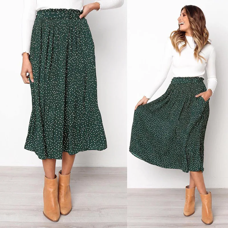 White Dots Floral Print Pleated Midi Skirt Women Elastic High Waist Side Pockets Skirts Summer 2024 Elegant Female Bottom