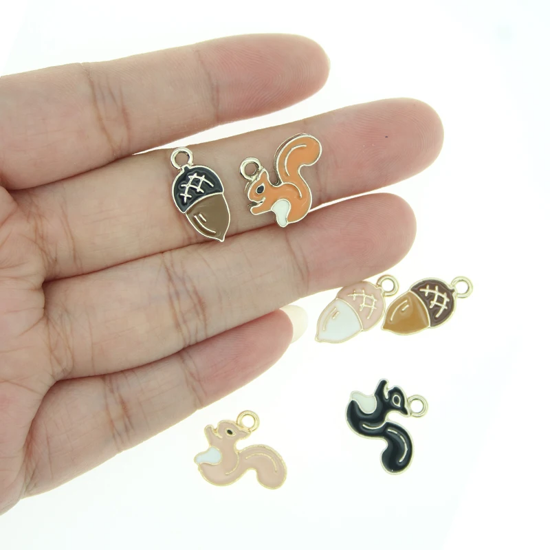 10pcs/Set Squirrel Pine Acorn Enamel Charms Pendant Cute Metal Earrings Finding DIY Bracelet Fashion Jewelry Make Accessory
