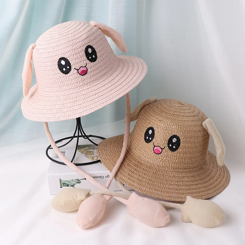 

New Bucket Hat Baby Girl Bunny Hat Taste Pinch Pinch Fun Straw Hat For Children Cap Ear Can Move Kids Hats Caps