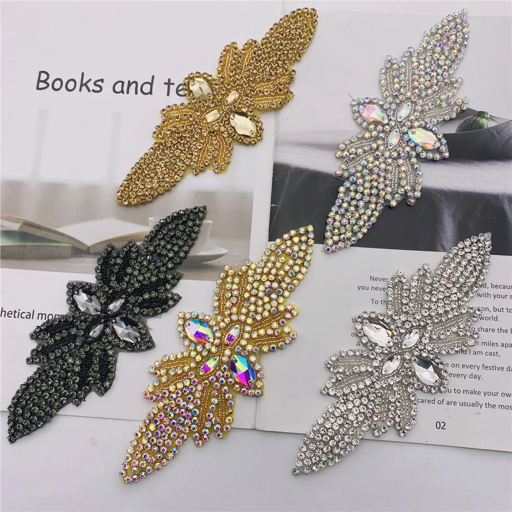 5pcs Handmade Crystal Beaded Rhinestone Applique Sew/Iron on Bridal Sash Belt Trim for clothes