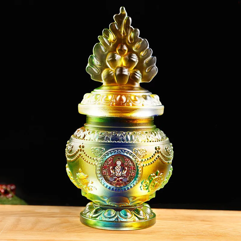 

17.5cm Colorful Resin Eight Auspicious Tibetan Supplies Lotus Base Design Treasure Moni Bottle Crafts for Temple Decorations