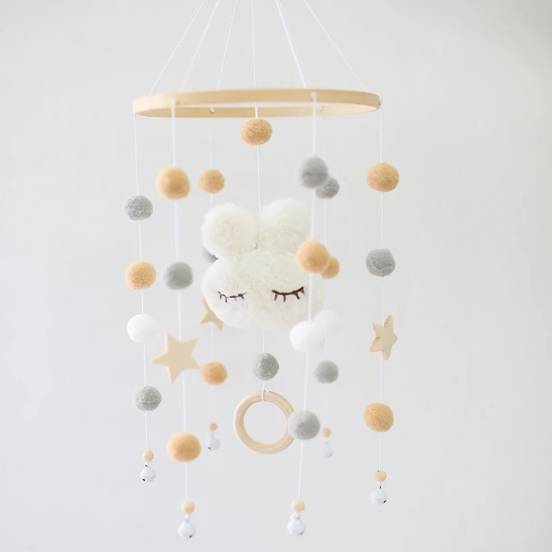 Baby Bed Rattle Cartoon Plush Rabbit Toys Newborn Crib Mobile Rattle Wool Balls Beads Bed Bell Rotating Wind Chime Nursery Decor