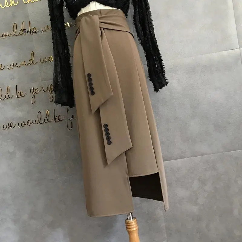 

New Autumn Winter Women Retro Bandage Thick Warm Long Skirt Female Chic Solid Zipper Irregular High Waist Lace-Up Skirt