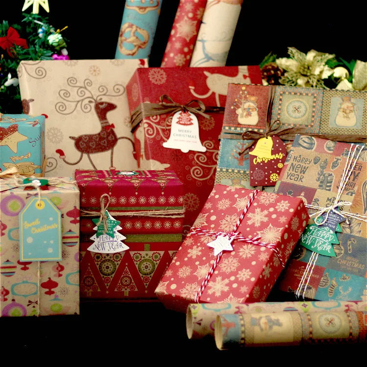 10PCS Christmas Kraft Paper Gift Wrapping Papers Christmas New Year Kids Gift Wapping Accessories Gift Wrapping