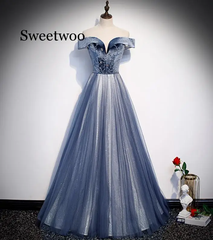 

Women Sexy V-Neck Evening Party Dress Exquisite Appliques Dress Blue Robe De Soiree