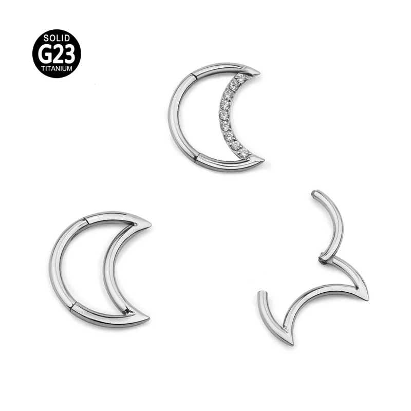 F136 Titanium Nose Ring CZ Moon Shaped Hinged Segment Hoop 8-10mm CZ Ear Cartiliage Tragus Helix Nose Stud Piercing Body Jewelry