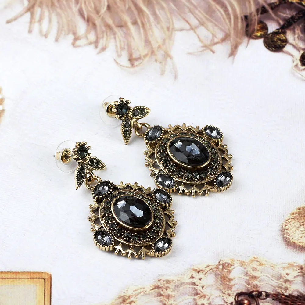 Sunspicems Drop Earring Ring Jewelry Sets for Women Antique Gold Color Grey Crystal Full Rhinestone Bohemia Vintage Wedding Gift